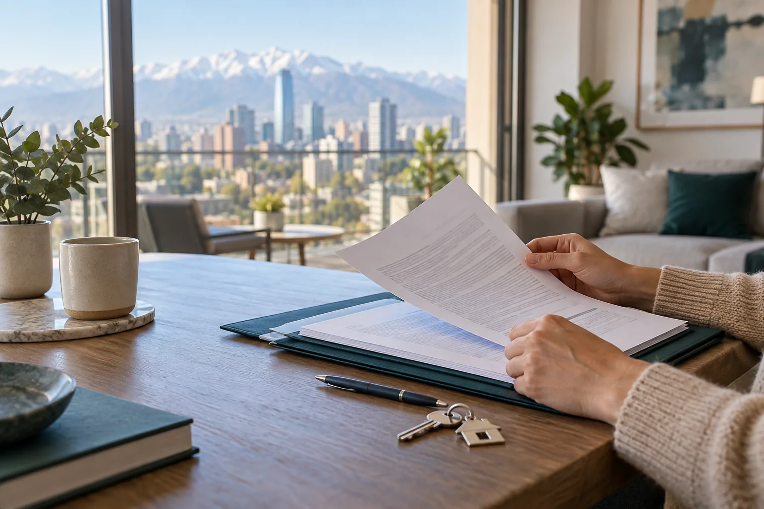 Persona revisando el reglamento de copropiedad antes de comprar un departamento en Chile