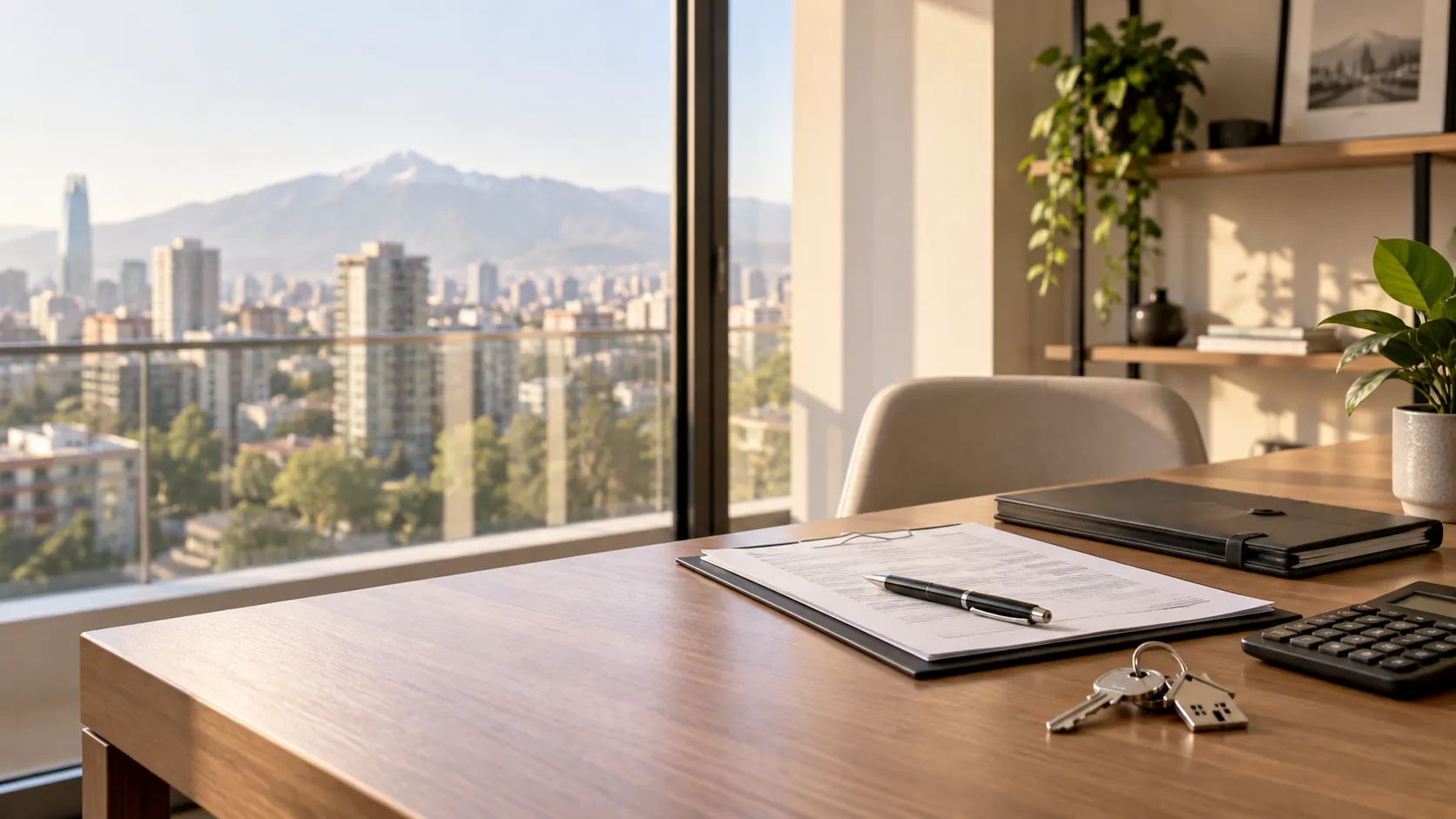 Documentos, calculadora y llaves para preparar la venta de una propiedad en Santiago